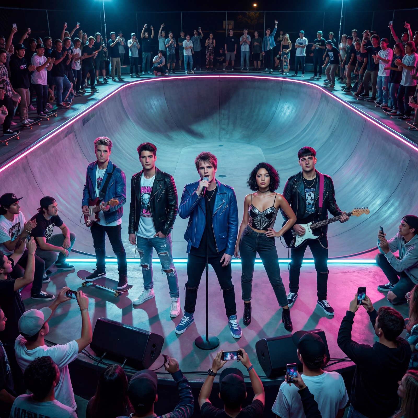 Turn Key Kids — five members under magenta and cyan neon on a night street